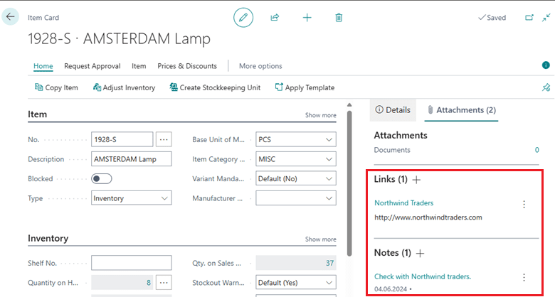 Varekort i Business Central der viser posttilknytninger og noter